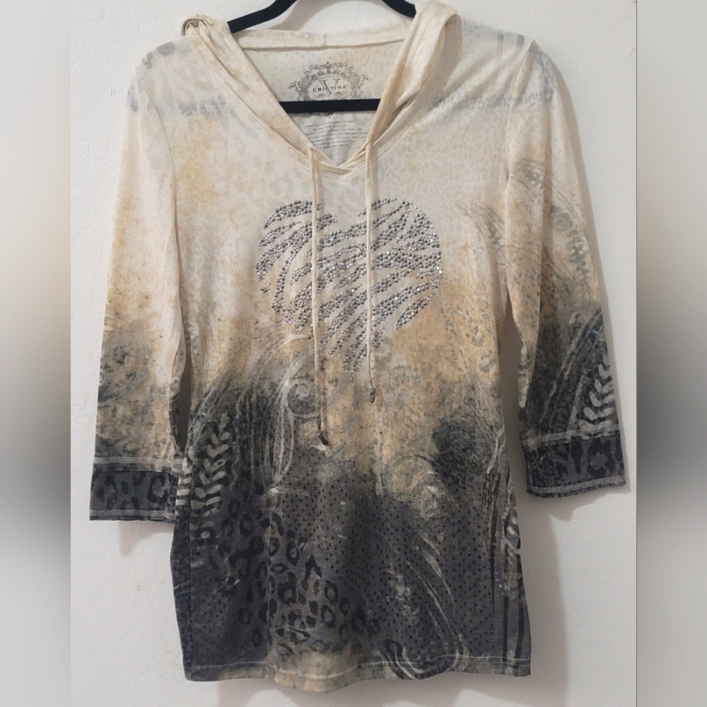 Y2K V Cristina Ombre 3/4 Sleeve Studded Heart Pullover Hoodie